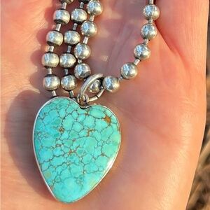 Sterling Silver Beaded Necklace & Turquoise Heart Pendant 30 Grams Total.